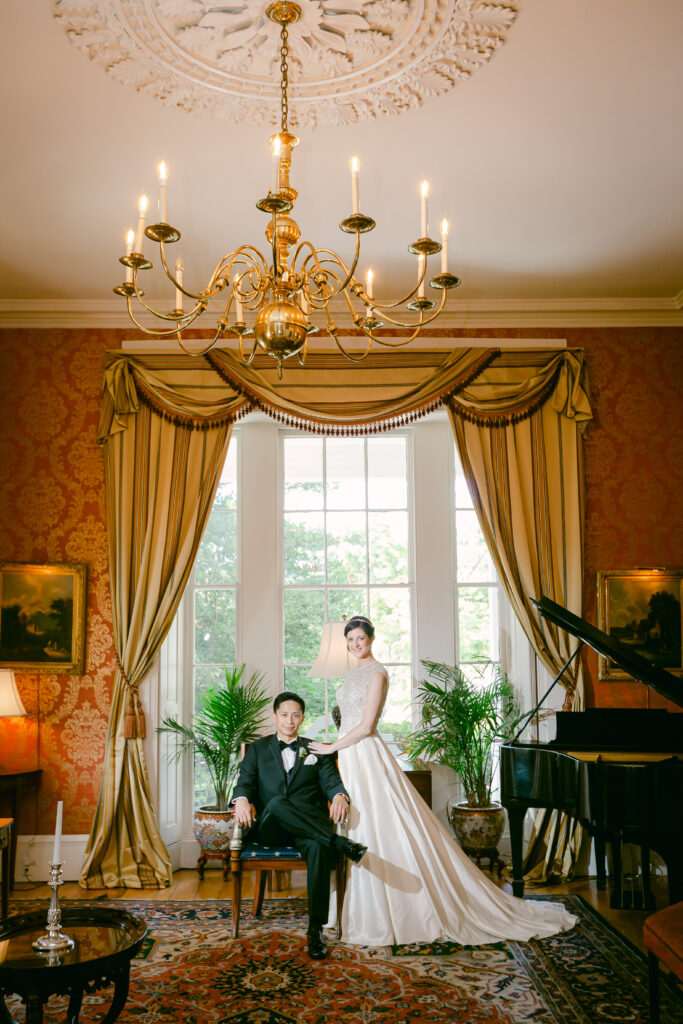 classic wedding portrait of bride and groom at antrim 1844 mansion